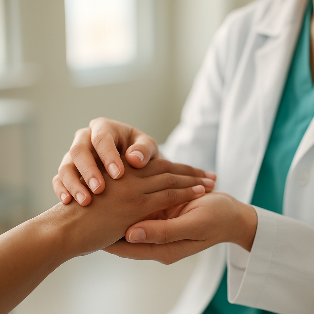 A physician gently examining a patient's joints